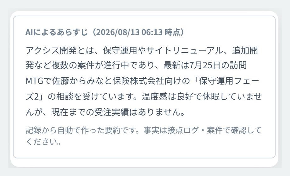 リレーションログの会社詳細に出るAIによるあらすじ。これまでの案件・接点の記録から、いまどういう状態かが数行の日本語で要約されている